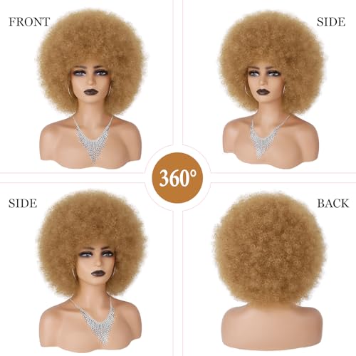 70s Afro Wig for Black Women Blonde Afro Kinky Curly Wig With Bangs Bouncy and Fluffy Heat Synthetic Short Afro Puff Wigs for Daily Party Costume Cosplay Halloween£¨Blonde,10inch£©