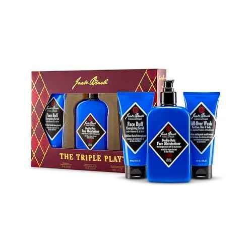 Jack Black Holiday Triple Play Gift Set for Men ? Face Buff, Double-Duty Face Moisturizer, All-Over Wash for Face, Hair & Body, Mens Skin Care Kit, Men's Skincare Gift Set