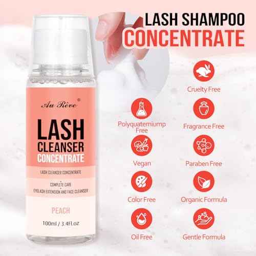Lash Shampoo Concentrate 100 ml/3.4 fl.oz Lash Cleanser Concentrate Oil Free Eyelash Extension Shampoo for Salon Home Eyelash Care-Can Make 20 bottles of 60ml Lash Shampoo,Peach