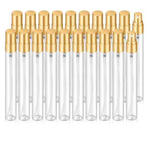 20Pcs 10ml Empty Clear Glass Mist Spray Bottle Refillable Mini Perfume Atomizer Travel Sample Bottle with Golden Aluminized Nozzle Makeup Container for Perfume (10ml Gold Caps)