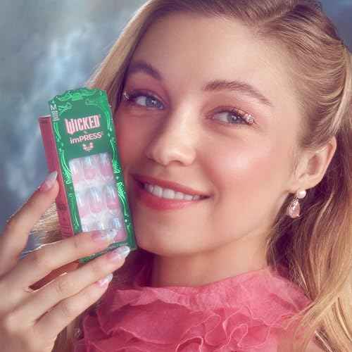 WICKED X imPRESS Press On Nails, New Improved Adhesive, Up To 10 Day Hold, ¡®Destined To Fly¡¯, Pink/Sky Blue, Medium Oval, Includes 30 Fake Nails, 1 Prep Pad, 1 Manicure Stick, 1 Mini File