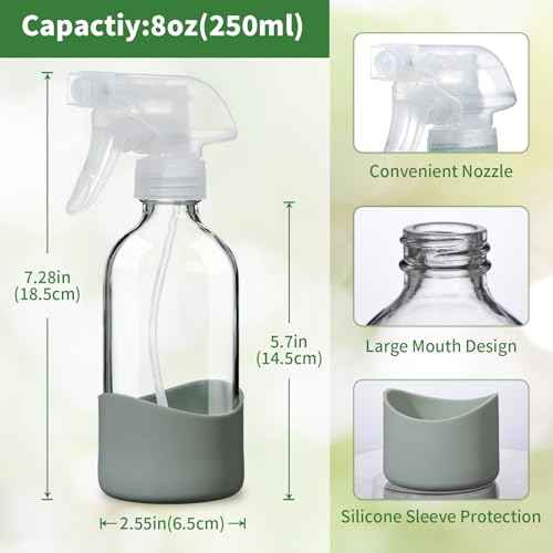 OCMML 8oz Clear Glass Spray Bottles with Silicone Sleeve–Refillable Spray Bottles for Cleaning Solutions,Hair,Plants&Essential Oils–Leakproof,Adjustable Nozzle,Reusable,Eco-Friendly (1 Pack)