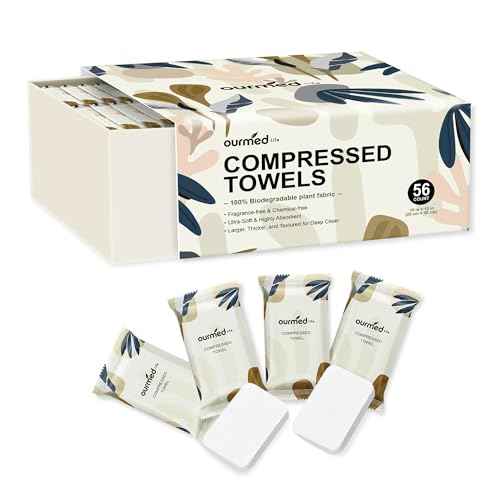 Ourmed Life Compressed Towel Tablets ? Portable, Individually Wrapped Disposable Face Towels, Quickly Expand with Water, Soft & Lint-Free, 12¡®¡¯x10¡®¡¯ for Travel, Camping, Hiking, Backpacking (56 Count)