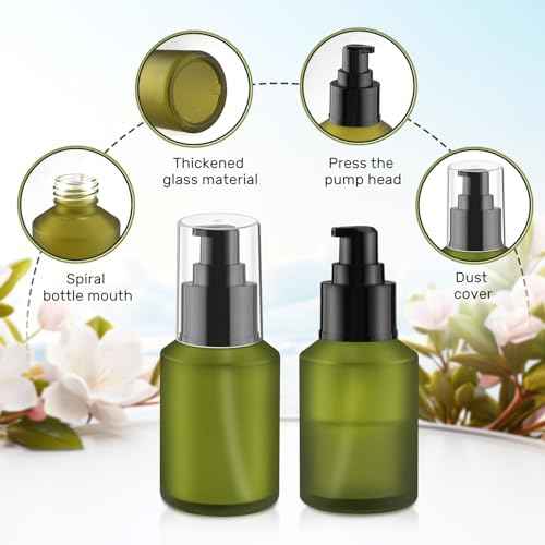 5 Pieces 60ml/2oz Empty Green Glass Lotion Pump Bottles,Refillable Essential Oil Jars with 1 Funnel and 1 Pipette,Cosmetic Sample Containers for Foundation,Cream,Gel,Shampoo