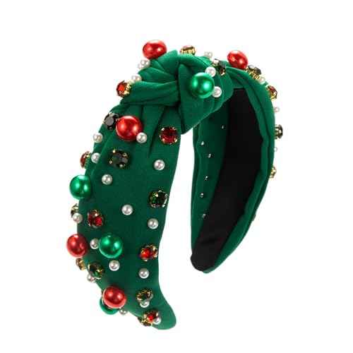 Sokfone Women's Christmas Headband Pearl Knotted Headband Christmas Red and Green Pearl Rhinestone Crystal Gem Hairband Top Knot Holiday Hair Accessories Holiday Costume Gift (Green)