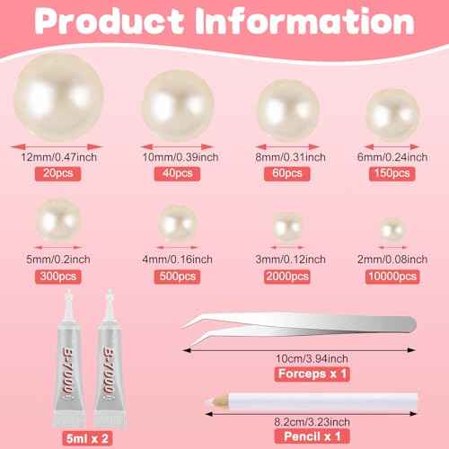 NEBURORA 13000 Pcs Ivory White Flat Back Pearl Kit 8 Sizes with Tweezer and Picker Pencil Beige Half Round Flatback Pearls Beads for DIY Crafts Nails Makeup Clothes