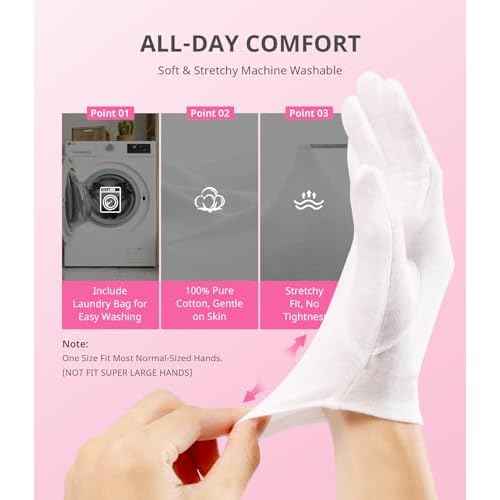 AIRSEE 2 Pairs White Cotton Gloves with Laundry Bag, Overnight Moisturizing SPA for Dry Hands and Eczema, Work Glove, Stretchy Fit for Men and Women, Regular M