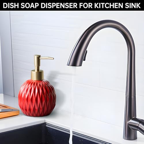 Ceramics Gold Soap Dispenser for Bathroom, Relief Soap Dispenser for Kitchen Sink, 400ml/13.5Oz Refillable Liquid Hand Soap Bottle with Gold Pump (Red).