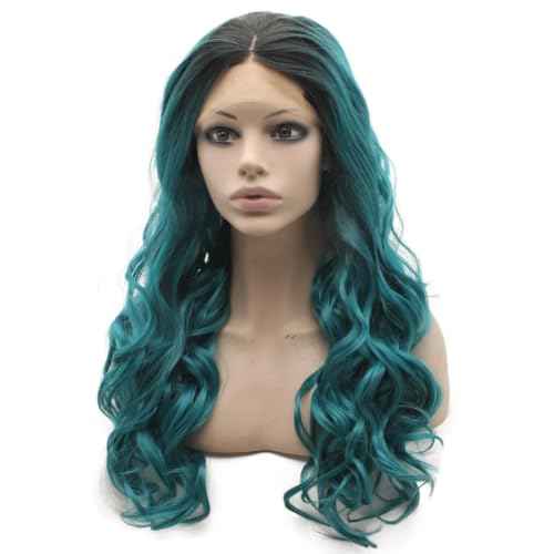 MX angel Long Wavy Ombre Blue Wig Half Hand Tied Synthetic Lace Front Wig Fiber Hair Costume Party Wig