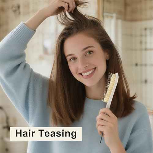 RHOS Boar and Nylon Bristle Hair Brush, Teasing Slick Back Brush with Rat Tail Pick for Hair Styling, Sectioning (1 Pack-Beige Gradient)