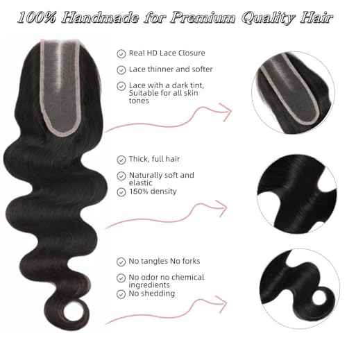 2x6 HD Lace Closure Body Wave Human Hair Real HD Transparent 22inch 100% Brazilian Virgin Middle Part Pre Plucked with Baby Hair Natural Color Kim K 2x6 Closure