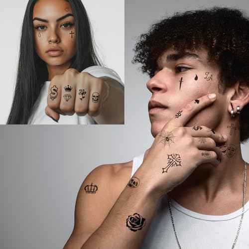 Los Vatos Finger and Face Temporary Tattoos - Chicano Cholo Chola Finger Tattoos For Men and Women. Small Cross, teardrop, Gangsta Tears, Thug Prison Fake Tattoos for Halloween, Tatuajes Temporales