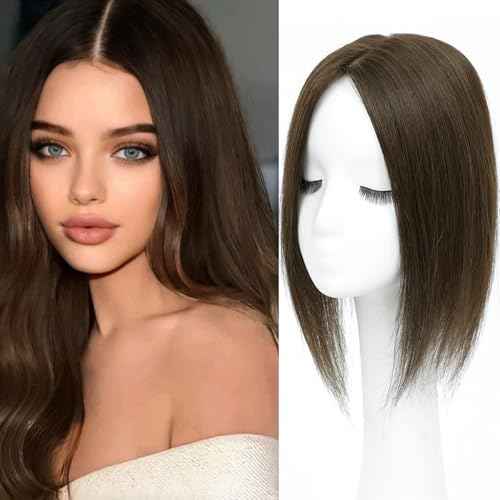 Hair Toppers for Women Real Human Hair, 360¡Æ 3D Human Hair Toppers for Women with Thinning Hair Upgrade Middle Part Clip in Bangs (Medium Brown, 14 Inch-3D-Side)