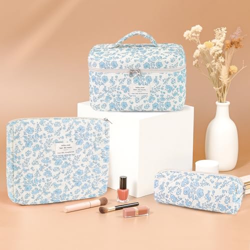 3Pcs Cotton Quilted Makeup Bag for Women Girls, Large Floral Cosmetic Bag Set Cute Makeup Brushes Aesthetic Accessories Storage Bag Travel Toiletry Bag Organizer, Little Flower Blue