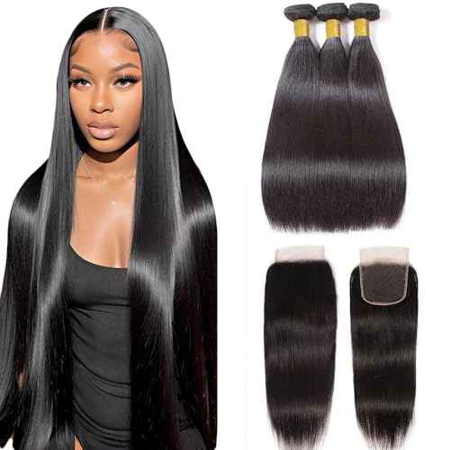 10A Straight Bundles with Closure 20 22 24 with 18 Inch Human Hair Bundles with Closure 100% Unprocessed Brazilian Virgin Human Hair Weave with Closure HD Lace