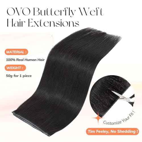 Black Hair Extensions OVO Double PU Weft Human Hair Extensions Invisible Flat Weft Extensions, Natural Looking Seamless Human Hair Extensions for Added Volume & Length