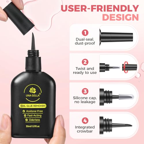 UNA GELLA Inbuilt Crowbar Press On Nail Glue Remover 30ML Acetone-Free Gentle Soak Off Gel Nail Glue Polish Remover for Nail Tip Adhesive Glue Easily Home DIY Not for U V Cured Gel