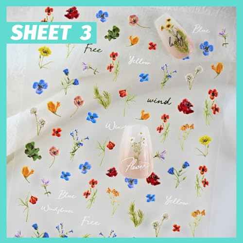 Flower Nail Art Stickers 3D Embossed Nail Decals for Nail Art Design Self-Adhesive Spring Summer Nail Accessories for Women Nail Art Supplies 3 Sheets