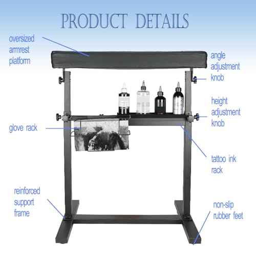 XXL Tattoo Armrest Stand Height and Tilt Adjustable Oversized Tattoo Arm Rest with Ink Rack and Glove Rack for Artist Beauty Table
