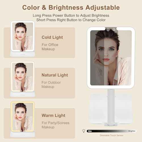 Lighted Travel Mirror with Rechargeable Light, Adjustable Stand & 3 Light Colors