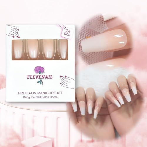 Long Glossy Ombre Pink Nude White French Ballerina Coffin False Nails Gradient Natural Press on Ballet Fake Nails Tips