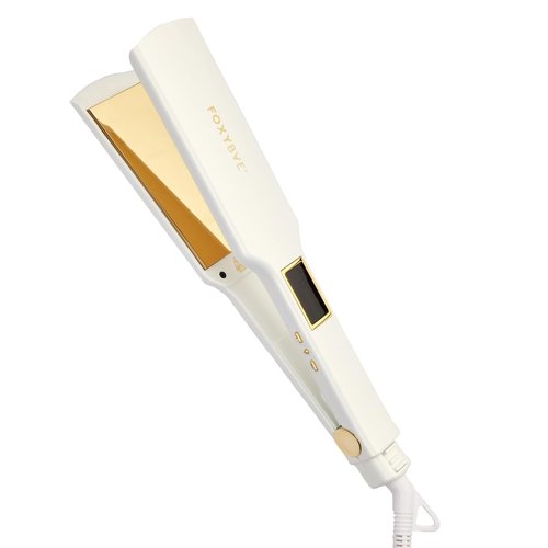 FoxyBae Flat Iron Hair Straightener - 1.75" TRÉS Sleek Grande Wide Plate Titanium Flat Iron - Dual Voltage Portable Hair Straightener for Frizz Free, Shiny & Smooth [Pearl-White Gold]