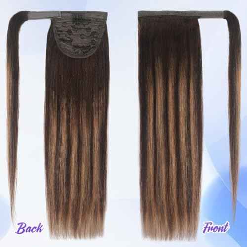 20 Inch Human Hair Ponytail 90g Long Wrap Around Ponytail Balayage Chocolate Brown to Caramel Blonde Real Hair Ponytail Extension for Women(20inch,Balayage Chocolate Brown to Caramel Blonde)