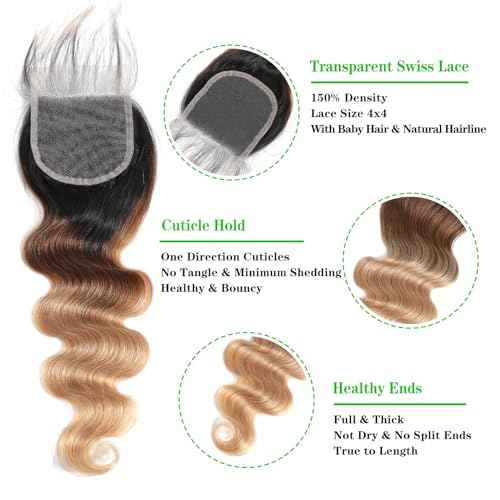 10A Ombre Human Hair Bundles With Closure 100% Brazilian Virgin Human Hair Body Wave Ombre Hair 3 Tone Black to Blonde Brazilian Remy Hair Bundles (T1B/4/27,16 18 20+14)