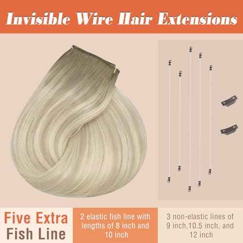 Sunny Hair Wire Hair Extensions Real Human Hair Fish Line Human Hair Extensions Invisible Wire Extensions Ash Blonde to White Blonde #Sun 18 Inch