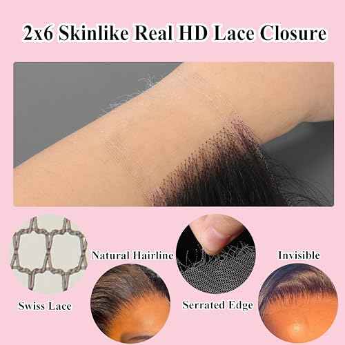 2x6 Skinlike Real HD Lace Closure Straight Human Hair Closure Invisible Ultra-thin 2x6 Kim K Lace Closure Brazilian Virgin Human Hair Pre Plucked Natural Black 20 Inch