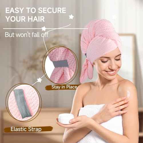 Large Microfiber Hair Towel Wrap & Satin Bonnet Set for Women, Ultra Absorbent Turban 24x42 Inches & Adjustable Night Cap for Curly Hair, Prevents Frizz & Breakage, Stocking Stuffers
