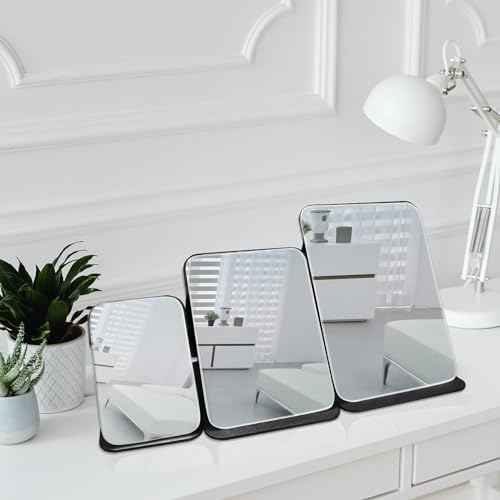Makeup Mirror, 4x6 Inches Portable PU Leather Mirror, Folding Desktop Vanity Mirror with Adjustable Stand for Vanity Table, Office, Travel (S, Black)