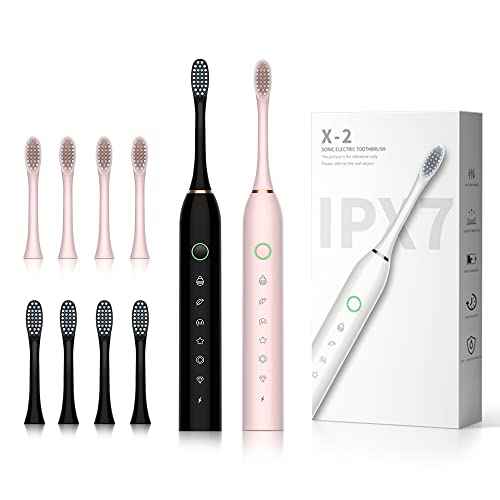 SUNPRO 2 Pack Sonic Electric Toothbrush for Adults, 6 Modes for Deep Clean, Include Smart Timer and 8 Heads (Black+Pink)