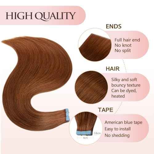 Tape in Hair Extensions Human Hair 18 inches 20pcs 50g/pack Dark Auburn Weft Skin Invisible Thick Seamless Tape in Hair Extensions Human Hair(18 inches #33 Dark Auburn)