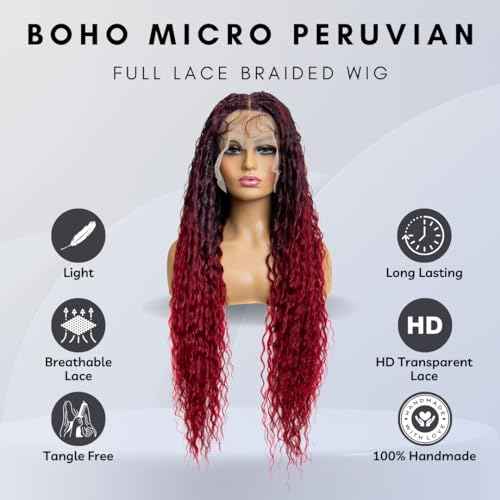 PIB Single Full Lace Braid Wig - Micro Boho Peruvian Deep Wave Box Braided, Knotless for Black Women, Curly Hair (#1B118 Off Black and Burgundy, 32" Small-Medium)