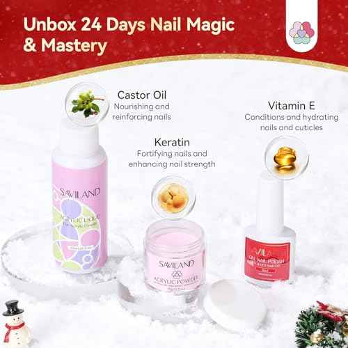 SAVILAND Acrylic Nail Kit Christmas Advent Calendars: Premium Acrylic Nail Kit with Nail Drill Xmas Stickers 24 Days Christmas Manicure Gift Set For Women Girls Limited Winter Holiday Gifts
