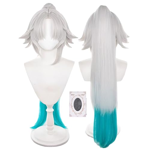 Gorgewg for Feixiao Cosplay Wig 90cm Long Silver White Blue Synthetic Hair with Wigcap for Adult Costume Party