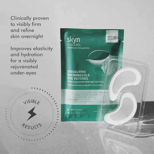 skyn ICELAND Dissolving Microneedle Under Eye Patches with 39% Hyaluronic Acid and Peptides, No Slip Overnight Eye Mask for Fine Lines, Wrinkles and Firming, Vegan, All Skin Types, 8 Pairs