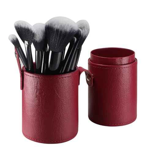 Portable Makeup Brush Case,Pu Leather Makeup Brush Holder with Button,Travel Cup Storage Dustproof Makeup Cosmetic Bags for Women (Red)