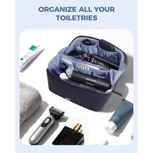 WANDF Toiletry Bag for Men, PU Leather Travel Organizer with Detachable Waterproof Hanging Pouch, Open-Flat Dopp Kit Shaving Bag with Wet Pocket for Travel Toiletries Accessories (Navy Blue)