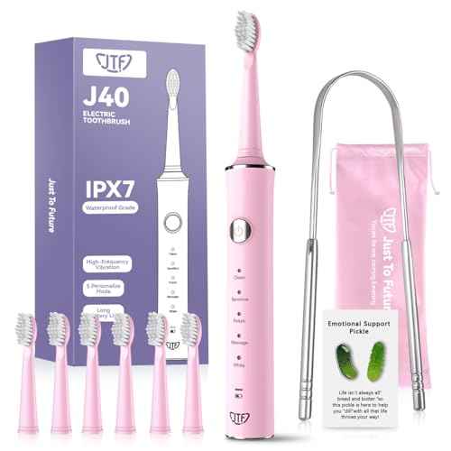 JTF Sonic Electric Toothbrush for Adults: 6 Brush Heads, Travel Bag, Tongue Scraper, 5 Brushing Modes for Teeth, Smart Timer and IPX7 Waterproof, Rechargeable Toothbrush for Deep Cleaning & Whitening