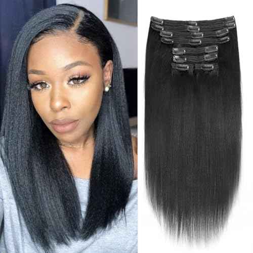 Yaki Straight Clip in Hair Extensions Real Human Hair Affordable12 Inch Yaki Straight Clip ins Human Hair Brazilian Virgin Hair clip on Hair Extensions 18Clips Per Set 120G