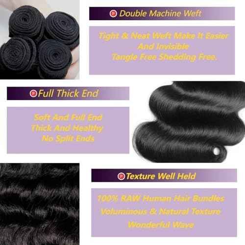 Body Wave 12A Human Hair Bundles 12 14 16 Inch Body Wave Bundles Human Hair 100% Unprocessed Virgin Hair Extensions Raw Quick Weave Extensions Natural Black