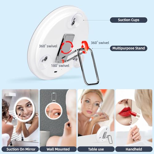 5X Magnifying Mirror with Light, Large 5X Makeup Magnifying Mirror, Lighted 5X Magnification Mirror with Adjustable Stand & Suction Cup, 6inch Travel Magnifying Mirror Compact 5X LED Magnifying Mirror