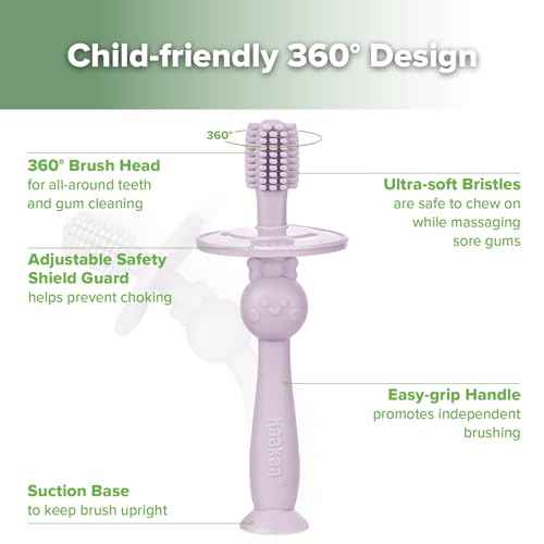 haakaa 360¡Æ Baby Toothbrush with Suction Base - Gentle Cleaning for Infant Self-Brushing Training, Sorft Food-Grade Silicone, Baby Teething Relief - Lavender, 1 Count