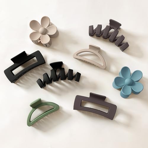 Sunolga 8PCS Hair Clips for Women, Flower Claw Clips for Thick Hair, Non-Slip Hair Accessories with Multi-Styles, Neutral Colors Variety Pack