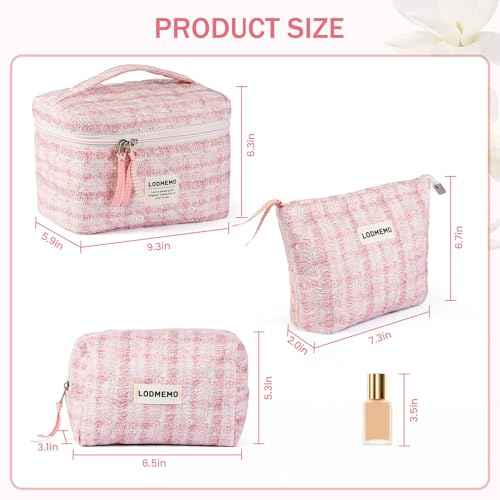 Makeup Bag 3 PCS Quilted Cosmetic Bags for Women, Large Travel Make up Bag Set Cute Cotton Toiletry Bag Organizer Pouch for Purse, Pink