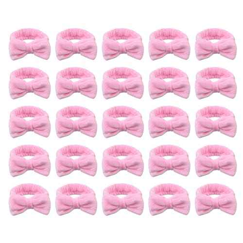 Spa Headbands,Makeup Headbands for Women,Facial Headband Bulk,Soft Coral Fleece Headband for Makeup,Cosmetic Head Wraps,Bow Hair Bands for Face Washing Shower Skin Care (pink, 25pcs)