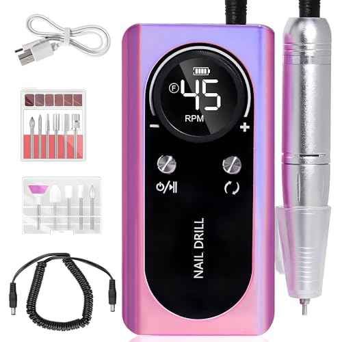 Electric 45000RPM Nail Drill Machine Rechargeable Portable Nail File Electric DIY Nail Drill Kit with Smart LCD Screen for Gel Nail Manicure and Pedicure Reflective Body etc(Dazzle)