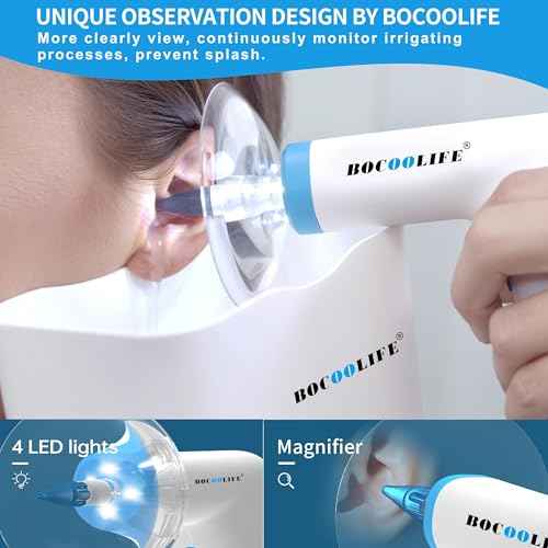 BOCOOLIFE Electric Ear Wax Removal Kit ? Water Flushing Irrigation System Ears Flush Cleaner Powered Cleaning 4 Pressure Settings, Safe & Effective Ear Cleaning for Adults, Includes 5 Tips